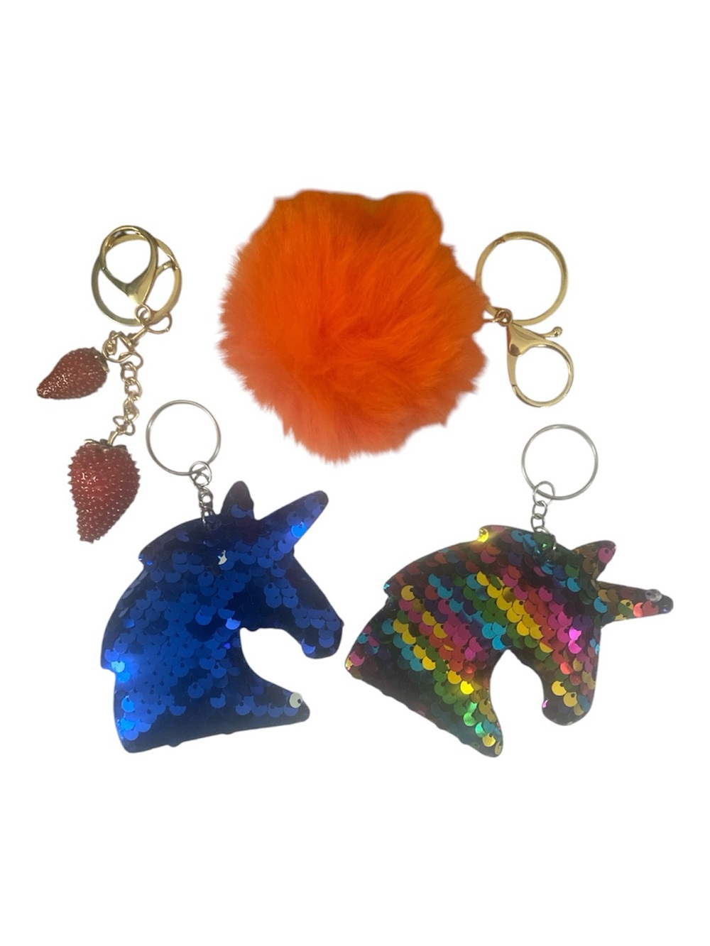 Kids Sequin Unicorn Keychain Set with Orange Pom Pom and Strawberry Keychain